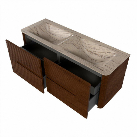 Mondiaz CIRO-DLUX Badkamermeubelset - 130x45x50cm - Solid surface wastafel Arena - 2 wasbak Dubbel - zonder kraangaten - 4 lades - Ruby SW1531707