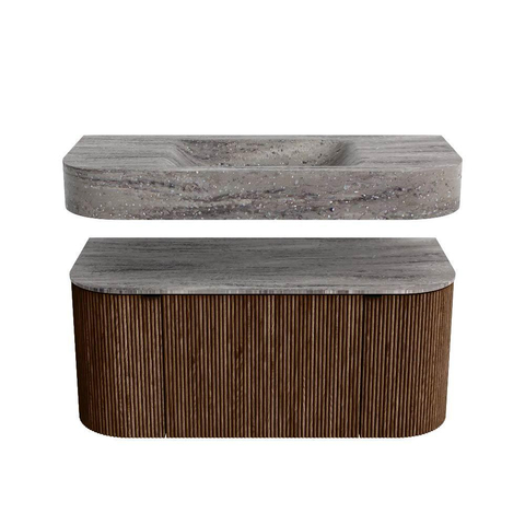 MONDIAZ THOR-DLUX 100cm meuble de salle de bains arrondi gauche + droite couleur Walnut avec 1 tiroir et 2 portes. Vasque suspendue CLOUD Milieu sans trou de robinet couleur Oza. SW1467574