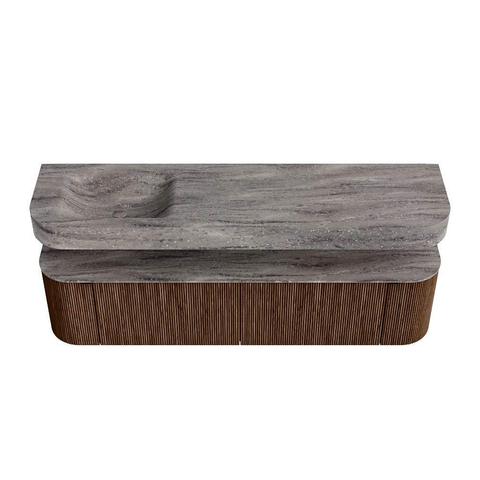 MONDIAZ THOR-DLUX 180cm badmeubel ronding links + rechts kleur Walnut met 2 lades en 2 deuren. Vrijhangende wastafel CLOUD Links zonder kraangat kleur Oza. SW1466285