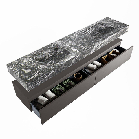 Mondiaz ALAN-DLUX Ensemble de meuble - 200cm - meuble Dark grey mat - 2 tiroirs - Lavabo Cloud Lava suspendu - vasque Gauche et droite - 2 trous de robinet SW808135
