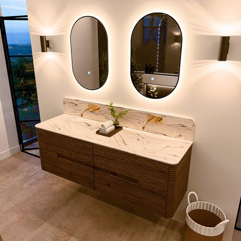 Mondiaz CIRO-DLUX Ensemble de meubles de salle de bains - 150x45x50cm - Plan vasque solid surface Nata - 2 vasques Double - sans trous de robinet - 4 tiroirs - Dusk SW1533265