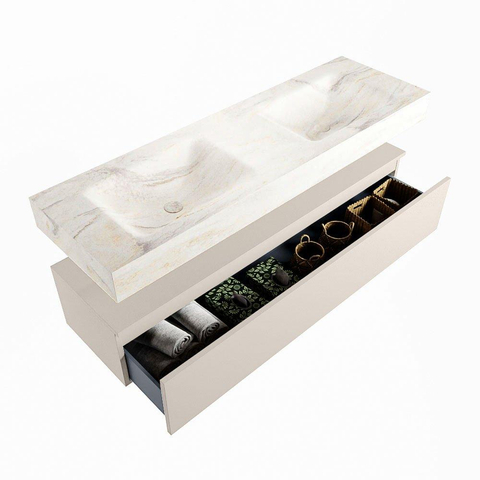 Mondiaz ALAN-DLUX Ensemble de meuble - 150cm - meuble Linen mat - 1 tiroir - Lavabo Cloud Ostra suspendu - vasque Gauche et droite - 0 trous de robinet SW807265
