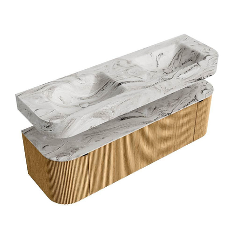 MONDIAZ THOR-DLUX 150cm badmeubel ronding links + rechts kleur Oak met 1 lade en 2 deuren. Vrijhangende wastafel CLOUD Dubbel zonder kraangat kleur Glace. SW1464653
