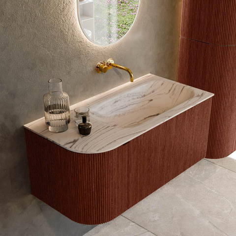 MONDIAZ KURVE-DLUX 95cm badmeubel ronding Links kleur Ruby met 1 lade en 1 deur. Wastafel BIG SMALL Rechts zonder kraangat Nata. SW1432535