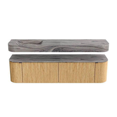 MONDIAZ THOR-DLUX 180cm meuble de salle de bains arrondi gauche + droite couleur Oak avec 2 tiroirs et 2 portes. Vasque suspendue CLOUD gauche 1 trou de robinet couleur Sombra. SW1466252