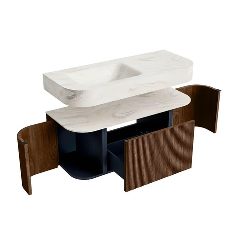 MONDIAZ THOR-DLUX 110cm badmeubel ronding links + rechts kleur Walnut met 1 lade en 2 deuren. Vrijhangende wastafel CLOUD Links zonder kraangat kleur Ostra. SW1462761