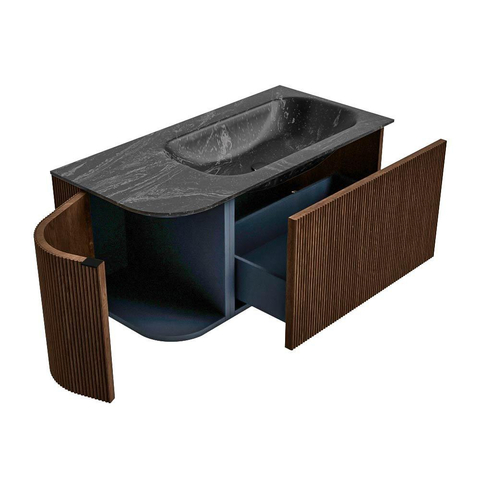 MONDIAZ KURVE-DLUX Meuble de salle de bains 95 cm avec module 25 L couleur Walnut avec 1 tiroir et 1 porte. Lavabo BIG SMALL à droite sans trou de robinet couleur Lava. SW1137241