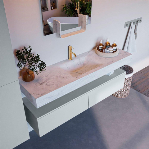 Mondiaz ALAN-DLUX Ensemble de meuble - 150cm - meuble Clay mat - 2 tiroirs - Lavabo Cloud Opalo suspendu - vasque Centre - 1 trou de robinet SW806865