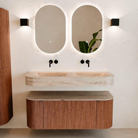 MONDIAZ THOR-DLUX 120cm badmeubel ronding links + rechts kleur Ruby met 1 lade en 2 deuren. Vrijhangende wastafel CLOUD Dubbel zonder kraangat kleur Saba. SW1463469