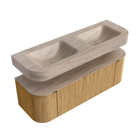 MONDIAZ THOR-DLUX 140cm badmeubel ronding links + rechts kleur Oak met 1 lade en 2 deuren. Vrijhangende wastafel CLOUD Dubbel 2 kraangaten kleur Saba. SW1464305