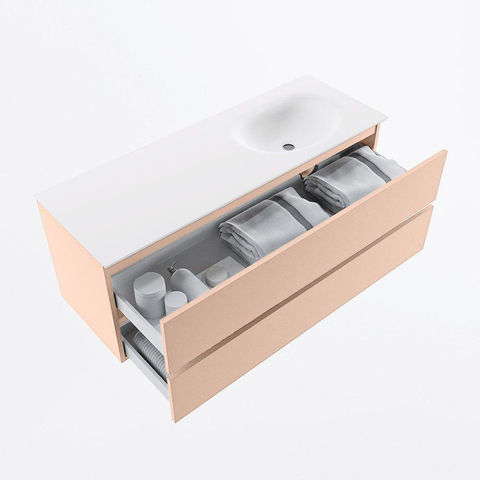 MONDIAZ VICA Ensemble meuble de salle de bains - 130cm - meuble bas rosee - 2 tiroirs - lavabo moon à droite - sans trous de robinet - version hauteur 60cm - talc SW1080366