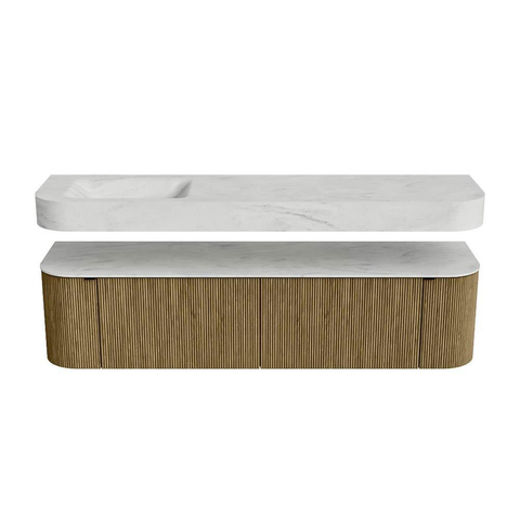 MONDIAZ THOR-DLUX 180cm meuble de salle de bains arrondi gauche + droite couleur Dusk avec 2 tiroirs et 2 portes. Vasque suspendue CLOUD Gauche sans trou de robinet couleur Opalo. SW1466014