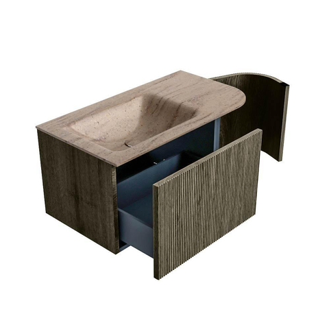 MONDIAZ KURVE-DLUX Meuble de salle de bains 85cm arrondi à droite couleur Shadow avec 1 tiroir et 1 porte. Lavabo CLOUD à gauche 1 trou de robinet Saba. SW1433407