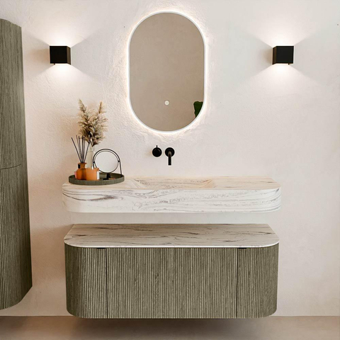 MONDIAZ THOR-DLUX 120cm meuble de salle de bains arrondi gauche + droite couleur Shadow avec 1 tiroir et 2 portes. Vasque suspendue CLOUD Milieu sans trou de robinet couleur Nata. SW1463414
