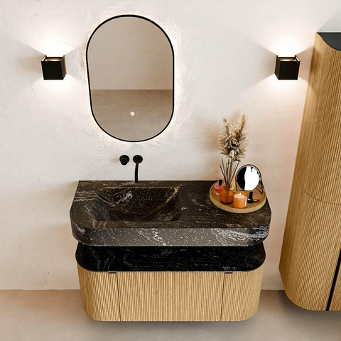 MONDIAZ THOR-DLUX 110cm badmeubel ronding links + rechts kleur Oak met 1 lade en 2 deuren. Vrijhangende wastafel CLOUD Links zonder kraangat kleur Lava. SW1462730