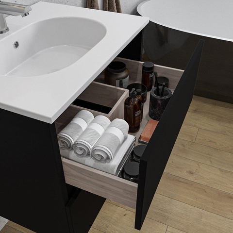 Saniclass Chaci Meuble de salle de bain - 100x45x55cm - lavabo en céramique brillant blanc - 1 vasque - 1 trou de robinet - 2 tiroirs - noir mat SW721292
