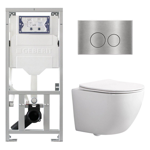 Pack WC QeramiQ Dely Swirl Compact - réservoir encastrable Geberit UP320 - avec bâti-support Burda - abattant slim - plaque de commande en métal inox - boutons ronds - blanc brillant SW1592290