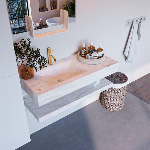 Mondiaz ALAN-DLUX Ensemble de meuble - 100cm - meuble Ostra mat - 0 tiroirs - Lavabo Cloud Ostra suspendu - vasque Gauche - 1 trou de robinet SW809317