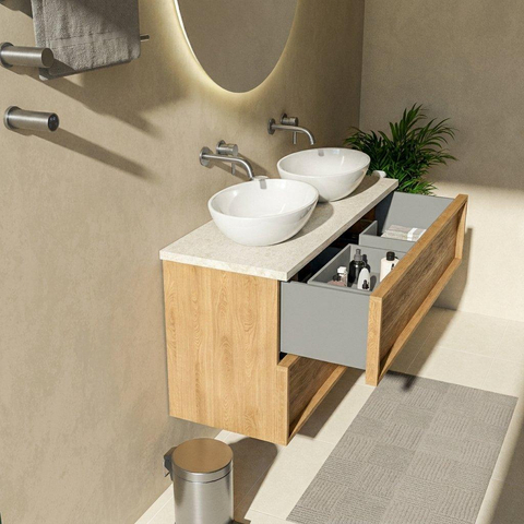 Saniclass Holz Frame Badkamermeubelset - 120x45x63cm - Travertine natuurstenen topblad - zonder kraangat - 2 lades - mat eiken natural (hout) SW1580036