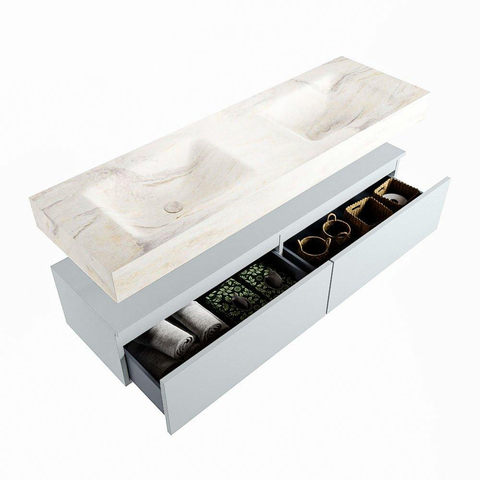 MONDIAZ ALAN - DLUX Ensemble meuble de salle de bains - 150cm - sous-meuble - Clay - 2 tiroirs - lavabo suspendu - 2 vasques - 0 trous de robinet - Ostra SW807639