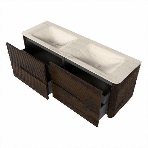 Mondiaz CIRO-DLUX Badkamermeubelset - 140x45x50cm - Solid surface wastafel Meli - 2 wasbak Dubbel - 2 kraangaten - 4 lades - Walnut SW1530525