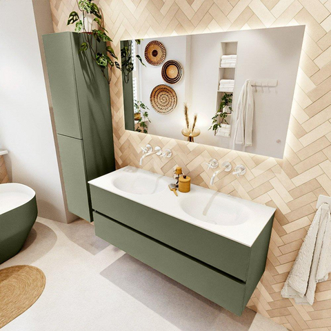 Mondiaz VICA Ensemble meuble de salle de bains - 130cm - army - 2 tiroirs - Lavabo MOON - double sans trou de robinet - couleur talc - version XL 60cm de haut SW1189287