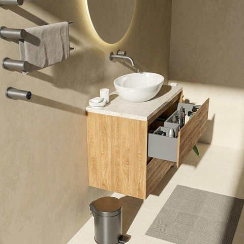 Saniclass Holz Pure Badkamermeubelset - 80x45x63cm - Travertine natuurstenen topblad - zonder kraangat - 2 lades - mat eiken natural (hout) SW1478840