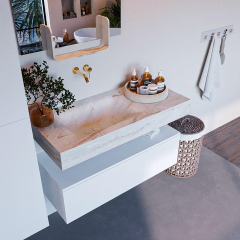 Mondiaz ALAN-DLUX Ensemble de meuble - 100cm - meuble Talc mat - 1 tiroir - Lavabo Cloud Frappe suspendu - vasque Gauche - 0 trous de robinet SW804778