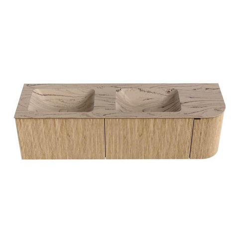 MONDIAZ KURVE-DLUX 155cm badmeubel ronding Rechts kleur Oak met 2 lades en 1 deur. Wastafel LEAF Dubbel / Links zonder kraangat Arena. SW1431146