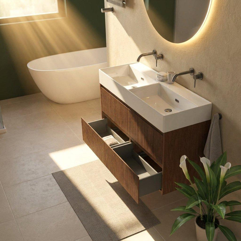 Saniclass Holz Atelier Ensemble meuble de salle de bains - 120x45x72cm - lavabo Legend en céramique blanc - 2 vasques - sans trous de robinetterie - 2 tiroirs - mat walnut pure (bois) SW1478508