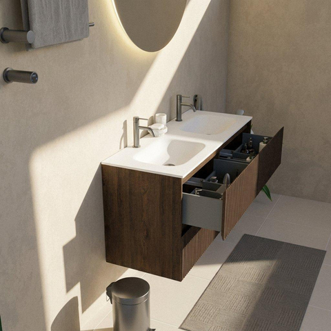 Saniclass Holz Atelier Badkamermeubelset - 120x45x61.5cm - Flow solid surface wastafel wit - 2 wasbakken - 2 kraangaten - 2 lades - mat eiken charcoal (hout) SW1478421