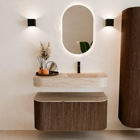 MONDIAZ THOR-DLUX 100cm badmeubel ronding links + rechts kleur Walnut met 1 lade en 2 deuren. Vrijhangende wastafel CLOUD Rechts 1 kraangat kleur Saba. SW1467561