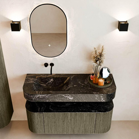 MONDIAZ THOR-DLUX 120cm meuble de salle de bains arrondi gauche + droite couleur Shadow avec 1 tiroir et 2 portes. Vasque suspendue CLOUD Gauche sans trou de robinet couleur Lava. SW1463144