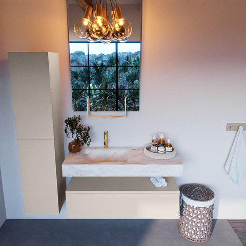 Mondiaz ALAN-DLUX Ensemble de meuble - 110cm - meuble Linen mat - 1 tiroir - Lavabo Cloud Frappe suspendu - vasque Gauche - 1 trou de robinet SW805558
