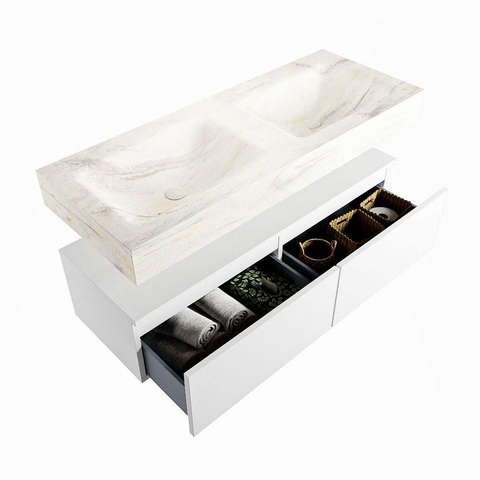 Mondiaz ALAN-DLUX Ensemble de meuble - 120cm - meuble Talc mat - 2 tiroirs - Lavabo Cloud Ostra suspendu - vasque Gauche et droite - 0 trous de robinet SW806894