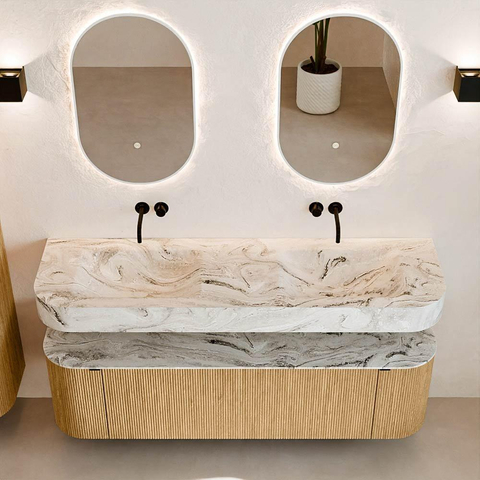 MONDIAZ THOR-DLUX 160cm badmeubel ronding links + rechts kleur Oak met 1 lade en 2 deuren. Vrijhangende wastafel CLOUD Dubbel zonder kraangat kleur Glace. SW1465011