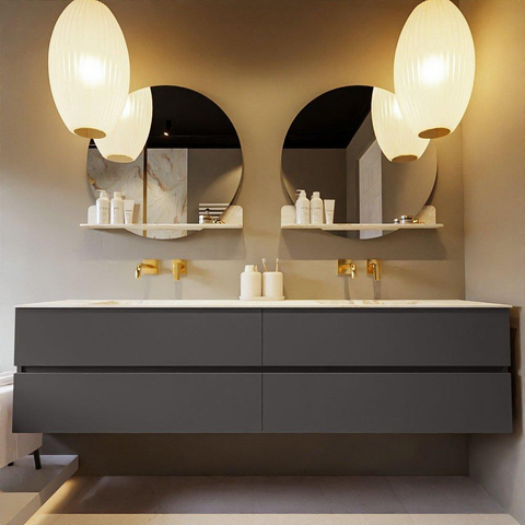 MONDIAZ VICA-DLUX Ensemble meuble de salle de bains - 200cm - meuble sous-vasque dark grey - 4 tiroirs - lavabo encastré cloud double - sans trous de robinet - version haute 60cm - frape SW1088892