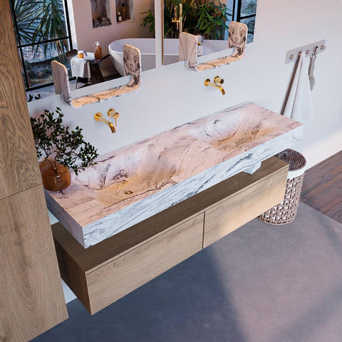 Mondiaz ALAN-DLUX Ensemble de meuble - 150cm - meuble Washed Oak mat - 2 tiroirs - Lavabo Cloud Glace suspendu - vasque Gauche et droite - 0 trous de robinet SW808685