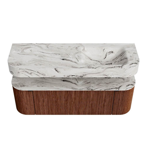 MONDIAZ THOR-DLUX Meuble de salle de bains 140cm arrondi gauche + droite couleur Ruby avec 1 tiroir et 2 portes. Vasque suspendue CLOUD Droite 1 trou de robinet couleur Glace. SW1464140