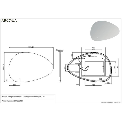 Arcqua Rocker spiegel – organisch – 120x80 cm – indirecte LED rondom – spiegelverwarming – Naturel SW1223204