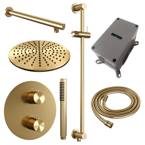 BRAUER Gold Edition thermostatische Inbouw Regendouche - 3-weg - rond - set 86 - 30cm hoofddouche - rechte muurarm - staaf handdouche - doucheslang - geïntegreerde glijstang - goud geborsteld PVD SW1159010