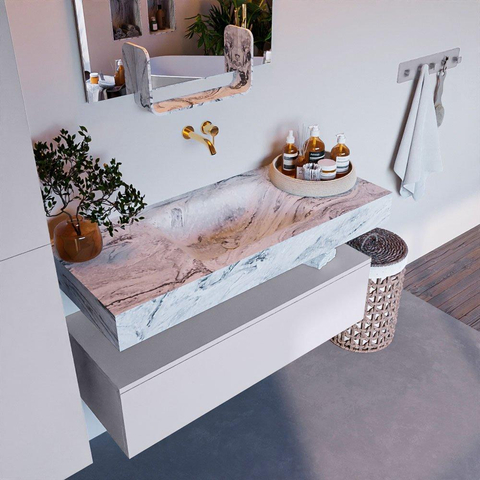 Mondiaz ALAN-DLUX Ensemble de meuble - 110cm - meuble Cale mat - 1 tiroir - Lavabo Cloud Glace suspendu - vasque Centre - 0 trous de robinet SW806147