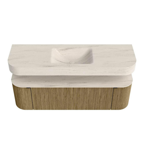 MONDIAZ THOR-DLUX 150cm meuble de salle de bains arrondi gauche + droite couleur Dusk avec 1 tiroir et 2 portes. Vasque suspendue CLOUD Milieu 1 trou de robinet couleur Meli. SW1464779
