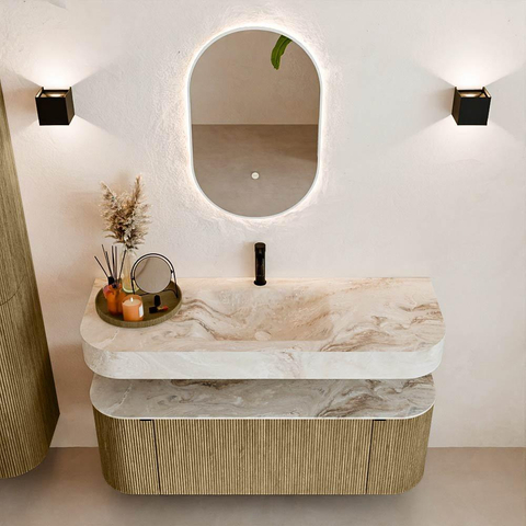 MONDIAZ THOR-DLUX 130cm meuble de salle de bains arrondi gauche + droite couleur Dusk avec 1 tiroir et 2 portes. Vasque suspendue CLOUD Milieu 1 trou de robinet couleur Frappe. SW1463628