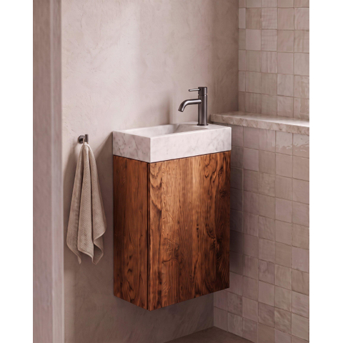 Saniclass Holz Pure Ensemble meuble toilette - 40x60.5cm - 1 porte - lave-mains pierre naturelle marbre - trou de robinet à droite - walnut pure SW1577774
