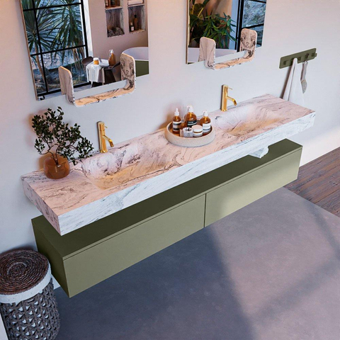 Mondiaz ALAN-DLUX Ensemble de meuble - 200cm - meuble Army mat - 2 tiroirs - Lavabo Cloud Glace suspendu - vasque Gauche et droite - 2 trous de robinet SW805962