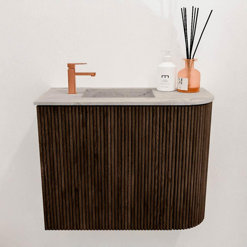 Mondiaz JOYA-DLUX Meuble de salle de bains 51,6cm - arrondi droit couleur Noyer - Vasque FAYE position Gauche 1 trou de robinet couleur Glace. SW1422378