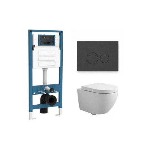 QeramiQ Dely Swirl Compact Toiletset - inbouwreservoir QeramiQ flush - 25mm zitting - kunststof bedieningsplaat mat antraciet - ronde knoppen - mat wit SW1590820