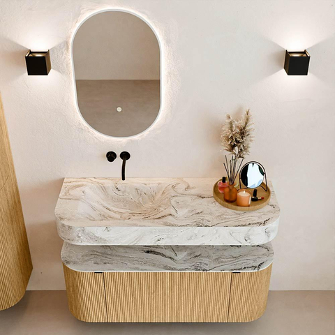 MONDIAZ THOR-DLUX 120cm meuble de salle de bains arrondi gauche + droite couleur Oak avec 1 tiroir et 2 portes. Vasque suspendue CLOUD gauche sans trou de robinet couleur Glace. SW1463072