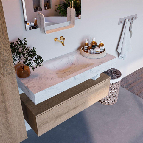 Mondiaz ALAN-DLUX Ensemble de meuble - 110cm - meuble Washed Oak mat - 1 tiroir - Lavabo Cloud Opalo suspendu - vasque Centre - 0 trous de robinet SW808543
